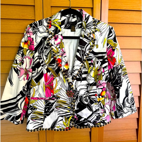 Grace Elements Women's Tropical Floral Blazer Jacket Rhinestone Crystal Button - Picture 4 of 6